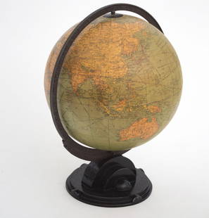 12"TERRESTRIAL ANTIQUE TABLE GLOBE 1935 Replogle ART DECO BASE: his 12 inches globe is made by the Replogle m ( a school supplies company and map company) . The art deco base is unusual being a short production reflecting the " space age " influence of the 1930's