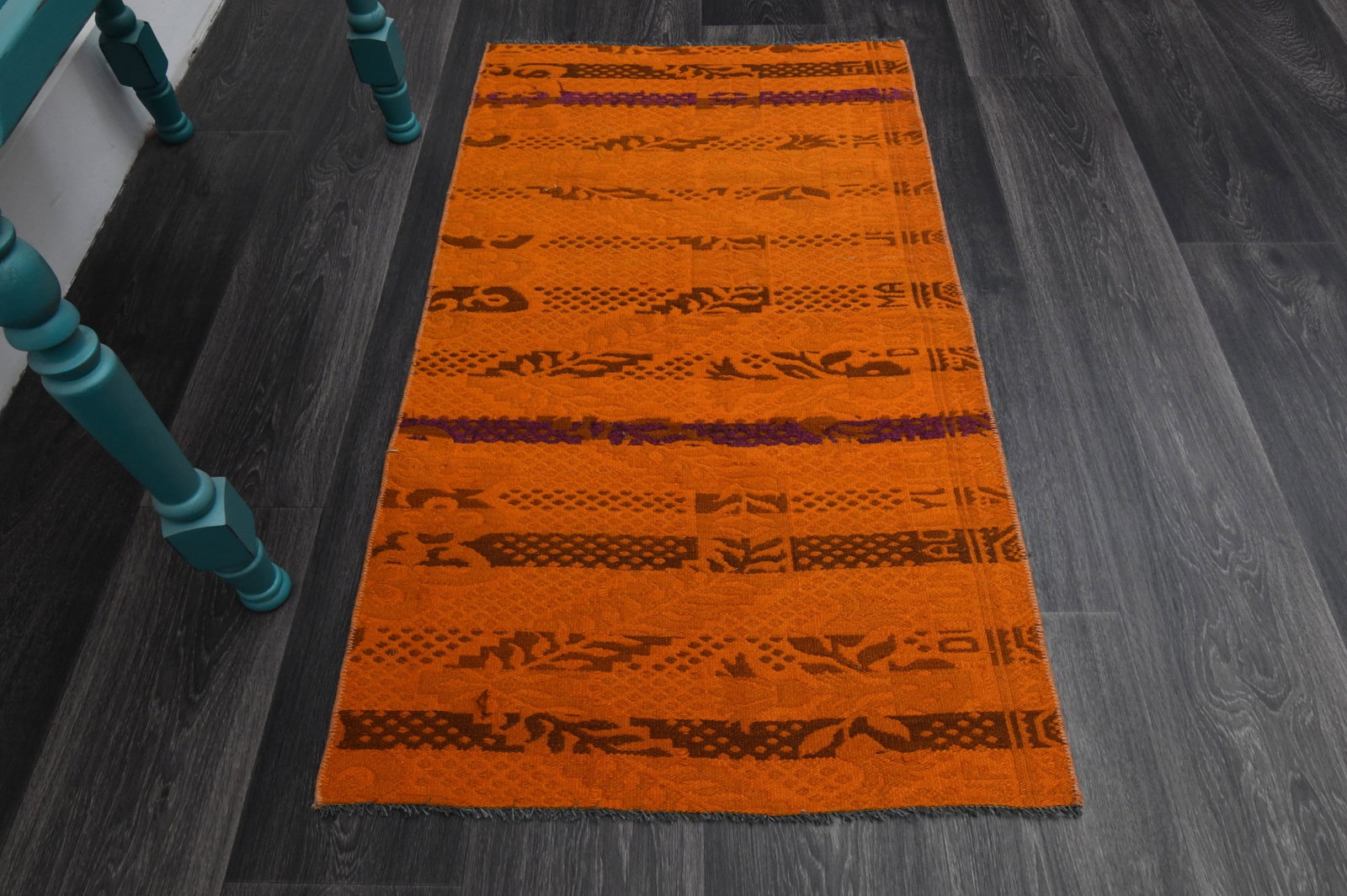 1970s Kilim Oushak Handmade Wool Orange Area Rug: Title: 1970s Kilim Oushak Handmade Wool Orange Area Rug Origin: Turkey Date/Period: 1960 - 1970 Materials: Wool and Cotton Size: Width: 2.1 feet Length: 3.7 feet Description: This Turkish one-of-a-kin