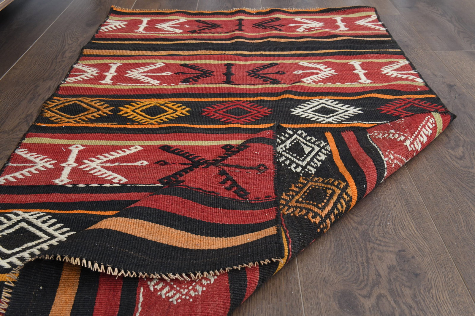 1970s Kilim Oushak Handmade Wool Red Area Rug: Title: 1970s Kilim Oushak Handmade Wool Red Area Rug Origin: Turkey Date/Period: 1960 - 1970 Materials: Wool and Cotton Size: Width: 2.5 feet Length: 4.3 feet Description: This Turkish one-of-a-kind V