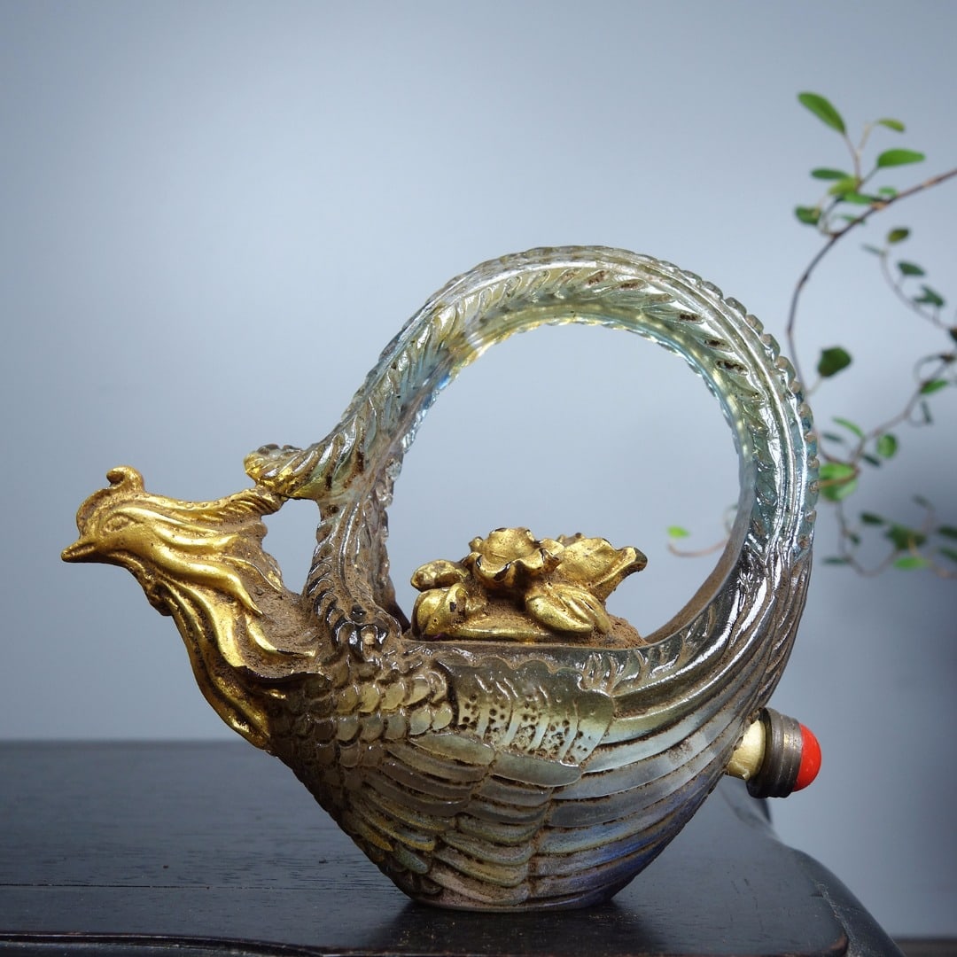 Chinese Gilt Gold Peking Glass Phoenix Snuff Bottle (1 of 9)