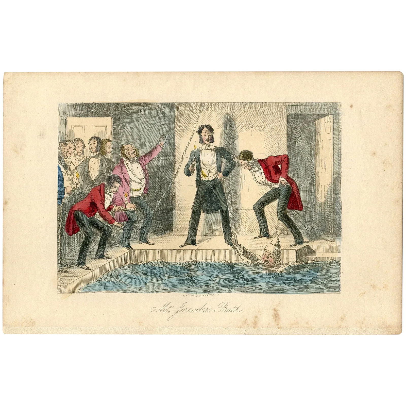 John Leech engraving - Mr. Jorrocks Bath - 1854 engraving: Mr. Jorrocks Bath John Leech (29 August 1817 – 29 October 1864). Provenance: Handley Cross; or, Mr. Jorrocks's Hunt written by Robert Smith Surtees. Illustrated by John Leech. Published in Londo