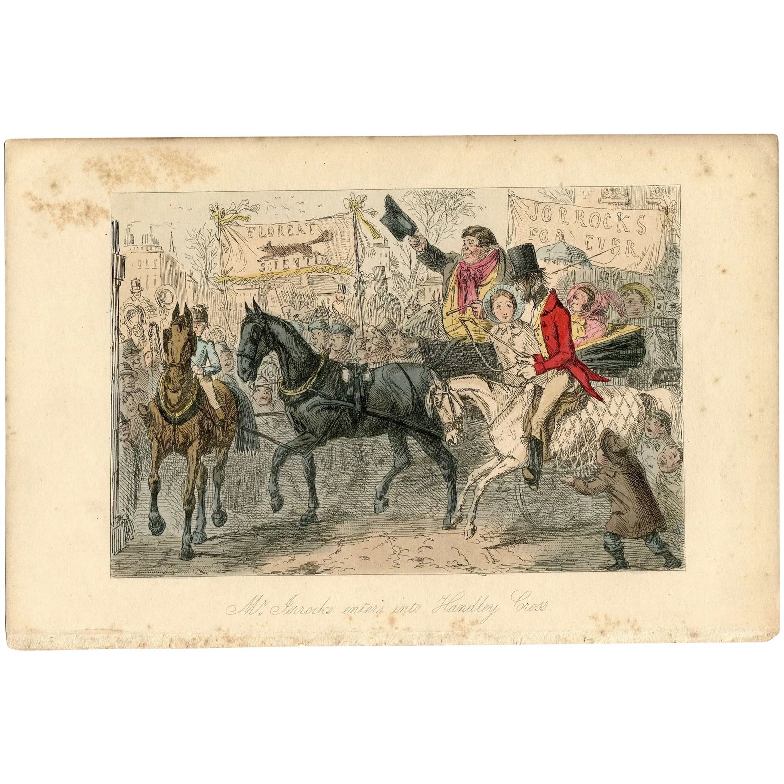 John Leech engraving - Mr. Jorrocks enters into Handley Cross - 1854 engraving: Mr. Jorrocks enters into Handley Cross John Leech (29 August 1817 – 29 October 1864). Provenance: Handley Cross; or, Mr. Jorrocks's Hunt written by Robert Smith Surtees. Illustrated by John Leec