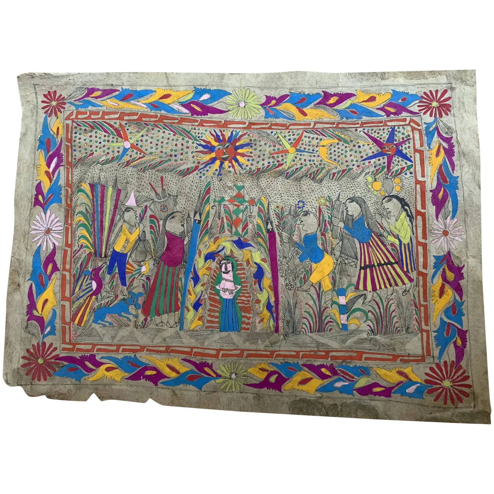 Vintage Mexican amate bark painting: Vintage Mexican amate bark painting Description: Charming vintage original folk/naïve Amate bark painting of a village scene. Size: 41x63 cms. Condition: some damage on lower margin as can be see
