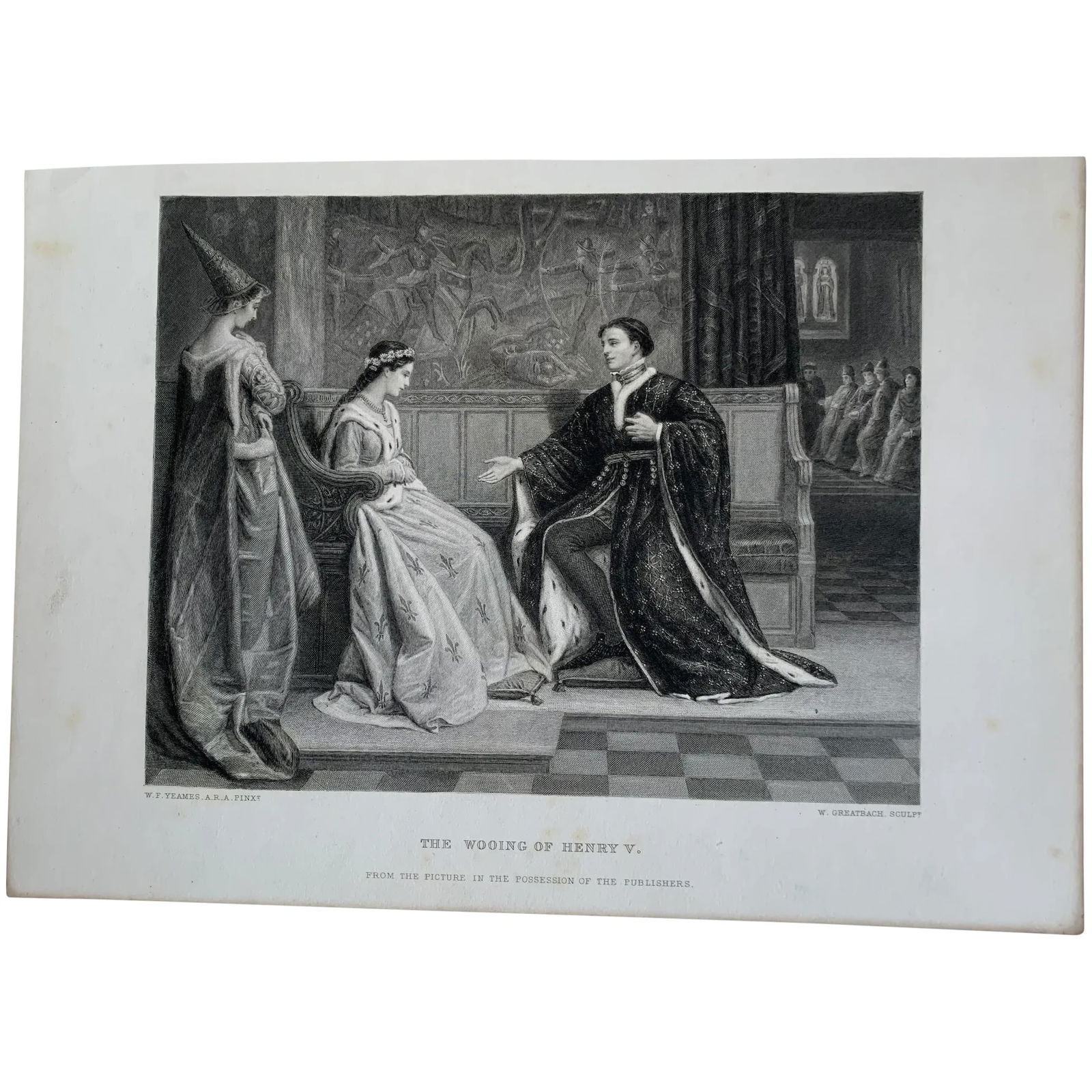 Shakespeare - Henry V of England wooing Catherine of Valois - Antique engraving: Henry V of England wooing Catherine of Valois. Title: The wooing of Henry V Engraver: William Greatbach. (1802-1885). Artist: after William Frederick Yeames (1835- 1918). Publisher: D. Appleton & Co.