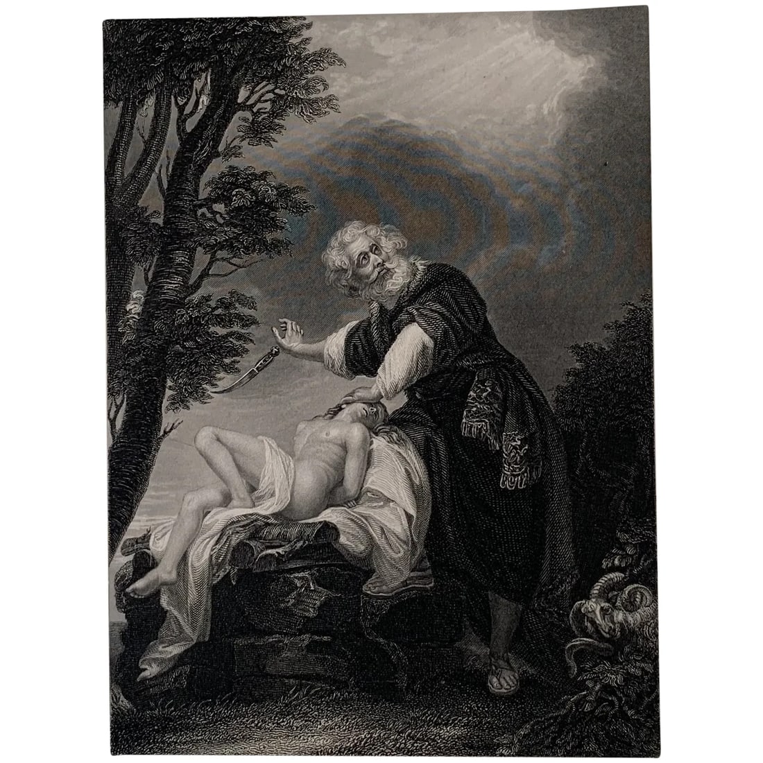 Abraham's Sacrifice - Genesis - 1800s print: Abraham's Sacrifice Engraver: Charles Rolls (2 June 1799 – 9 November 1885) Artist: after John Singleton Copley (Boston, Massachusetts, 1738-London 1815). Image size: 15,6x11,5 cms. Production d