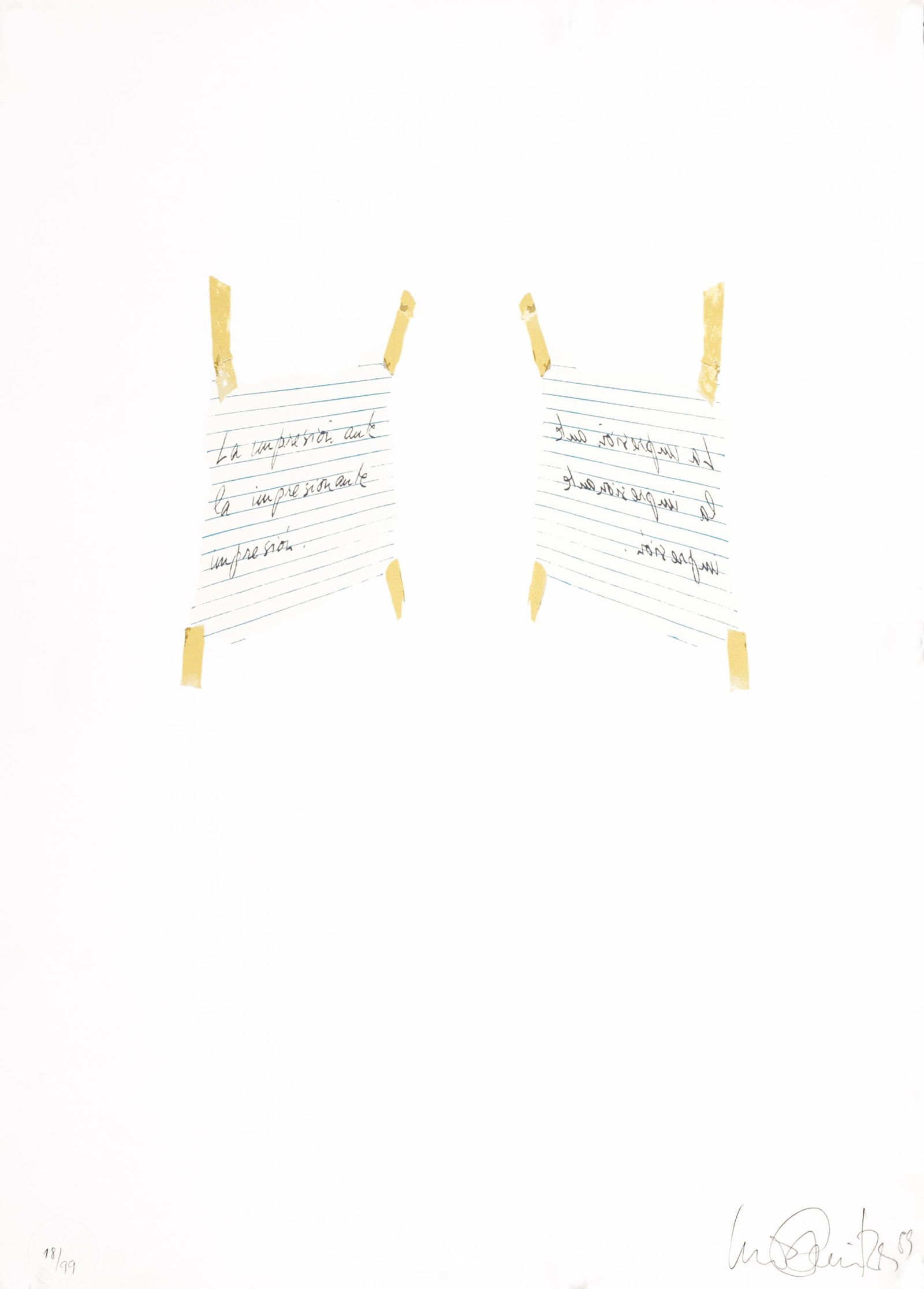 Luis Camnitzer, Uruguayan, silkscreen, 1989: Lot Title: Luis Camnitzer, Uruguayan, silkscreen, 1989 Artist: Luis Camnitzer (Uruguay, 1937) Work Title: La impresión Date: 1989 Medium: silkscreen Overall Size: 27.6 x 19.7 in. (70 x 50 cm.) Reserv