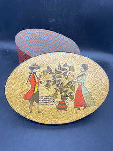 PAINTED WOODEN OVAL BOX - AMERICAN FOLK ART: Title: PAINTED WOODEN OVAL BOX - AMERICAN FOLK ARTDate/Period: unknownDimension: APPROX 11 .5 X 5.75 X 8Material: woodAdditional Information: PAINTED WOODEN OVAL BOX - AMERICAN FOLK ART 