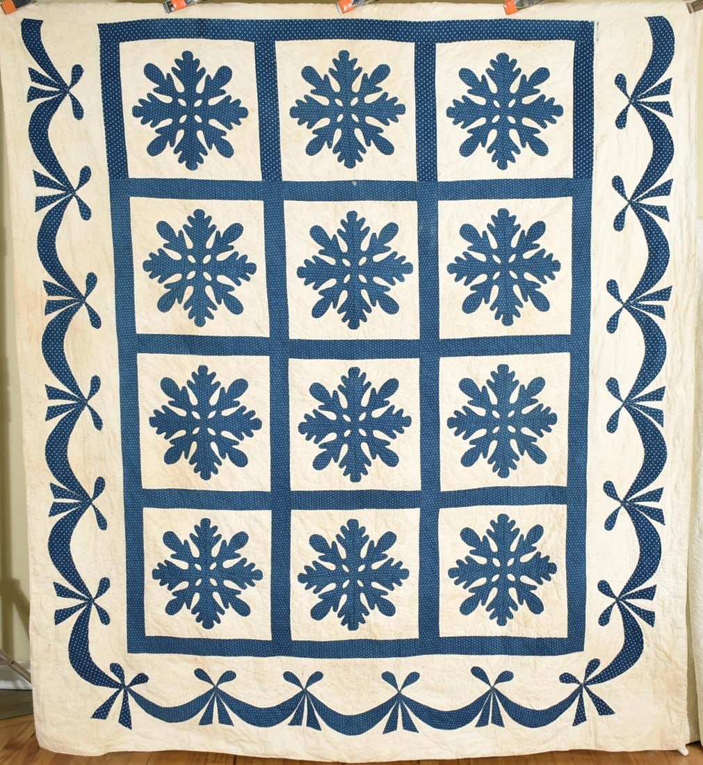 1870's Indigo & White Oak Wreath Applique Quilt (1 of 13)