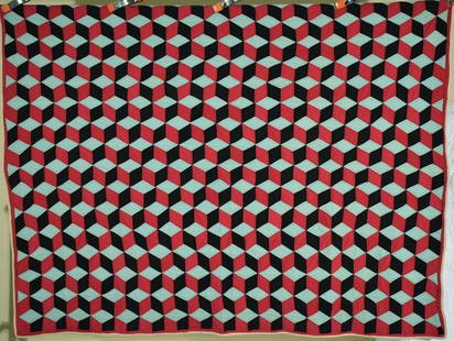 1920's Amish Tumbling Blocks Quilt: This GRAPHIC cotton 1920's black, cranberry, and mint green Indiana Amish tumbling blocks quilt is treadle machine pieced and hand quilted. It measures 66" X 84" and is in excellent condition, with a