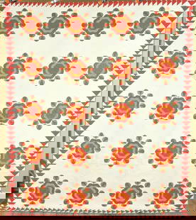 1850's Whig Rose Applique Quilt: MUSEUM QUALITY Vintage 1850's Red, Green & Cheddar Whig Rose Applique Quilt! MUSEUM QUALITY Vintage 1850's Red, Green & Cheddar Whig Rose Applique Quilt! Click images to enlarge Description This GORGE