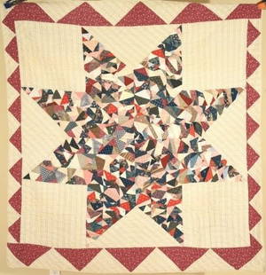 1880's Crazy Star Quilt, Sawtooth Border: OUTSTANDING Vintage 1880's Crazy Lone Star Antique Quilt, Sawtooth Border! This VIBRANT cotton 1880's crazy/lone star/blazing star quilt is hand pieced and hand quilted, with a nice maroon sawtooth bo
