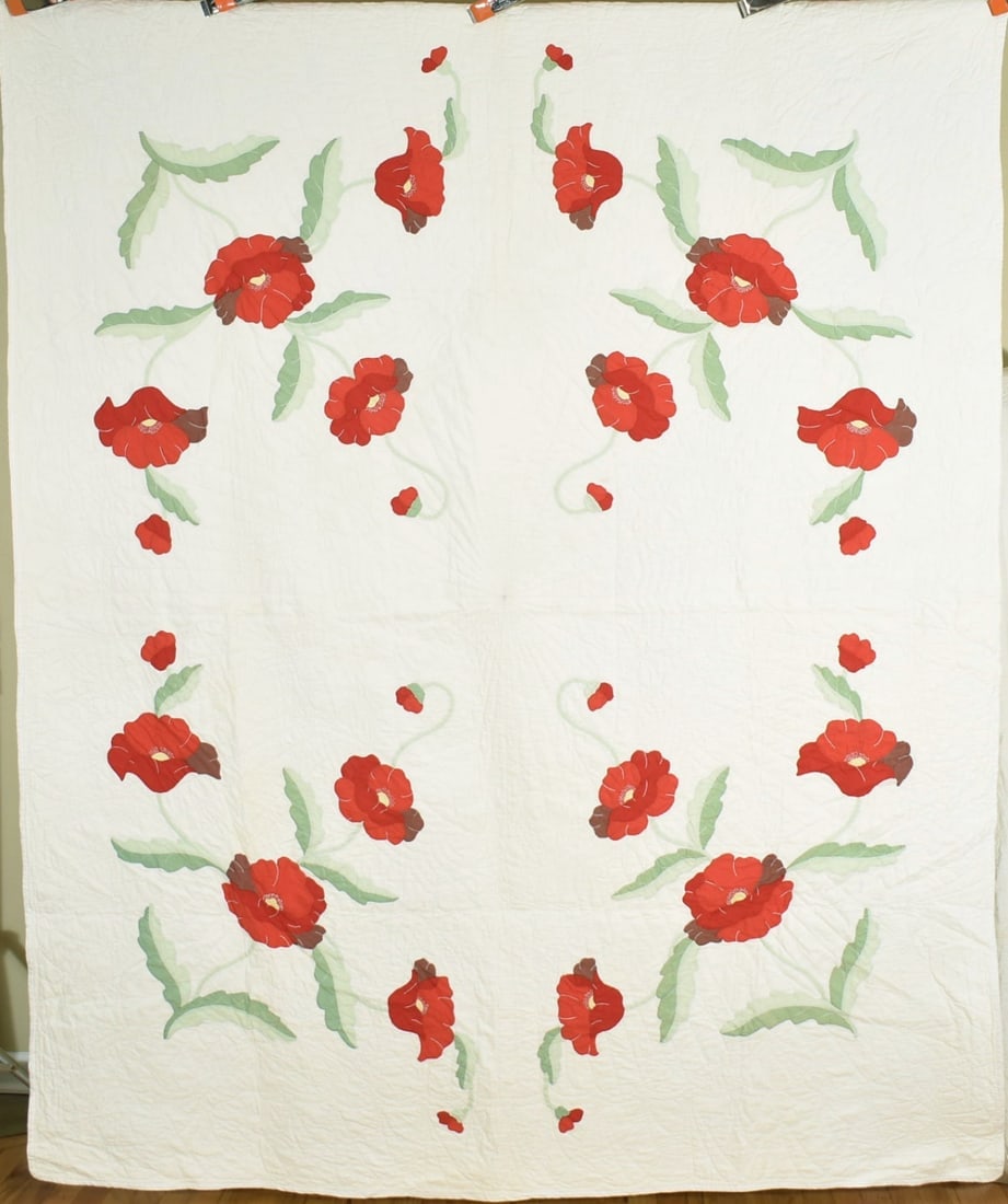 20's Art Nouveau Poppy Applique Quilt: Title: 20's Art Nouveau Poppy Applique Quilt Date: 1920's Origin: Ohio Material: Cotton Dimension [INCHES]: 76" X 94" Provenance: Cotton 1920's poppy quilt, all hand appliqued and hand quilted, with a