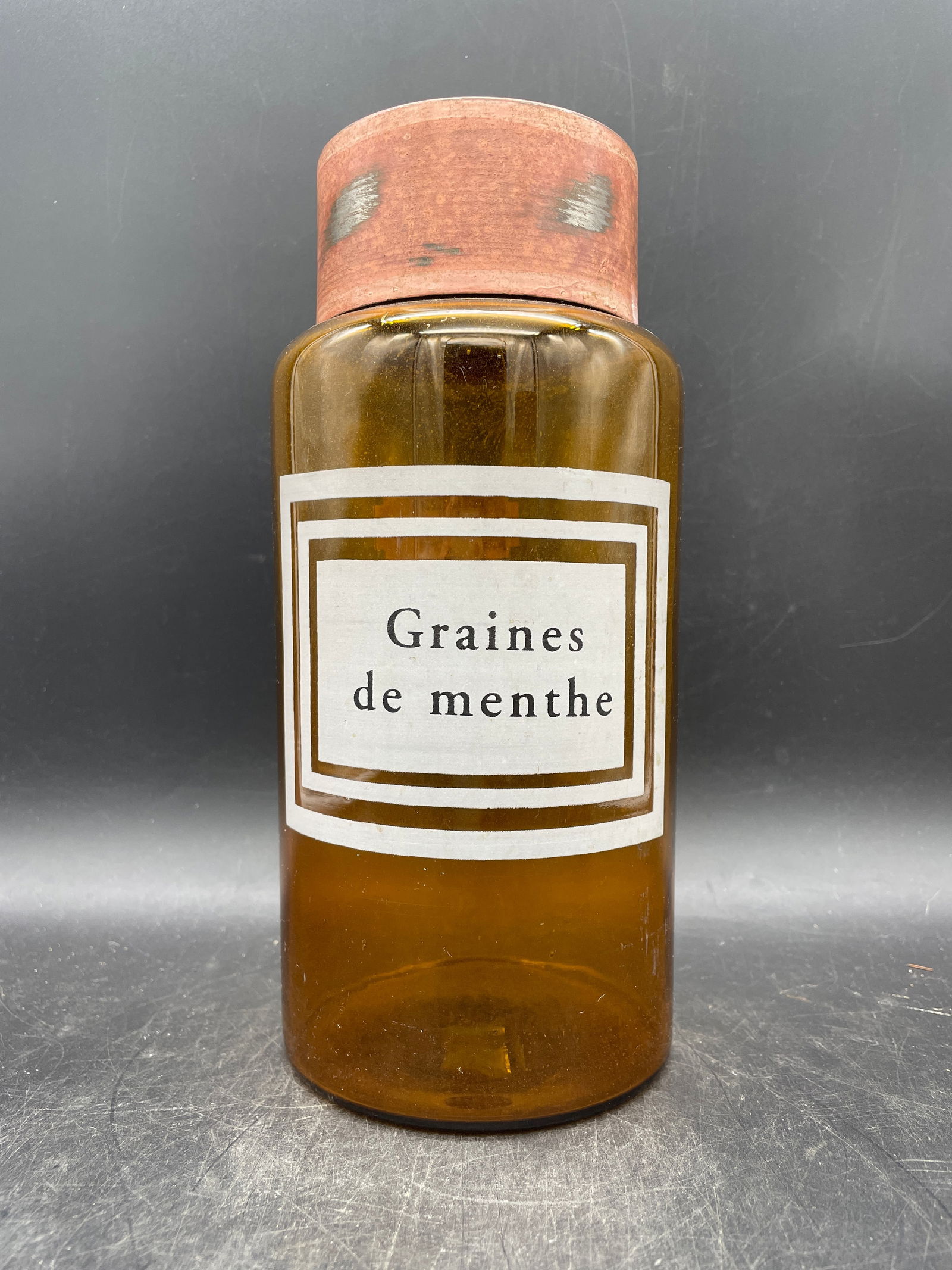 LARGE HONEY AMBER GRAINES DE MENTHE FRENCH APOTHECARY JAR METAL LID NICE LABEL (1 of 8)