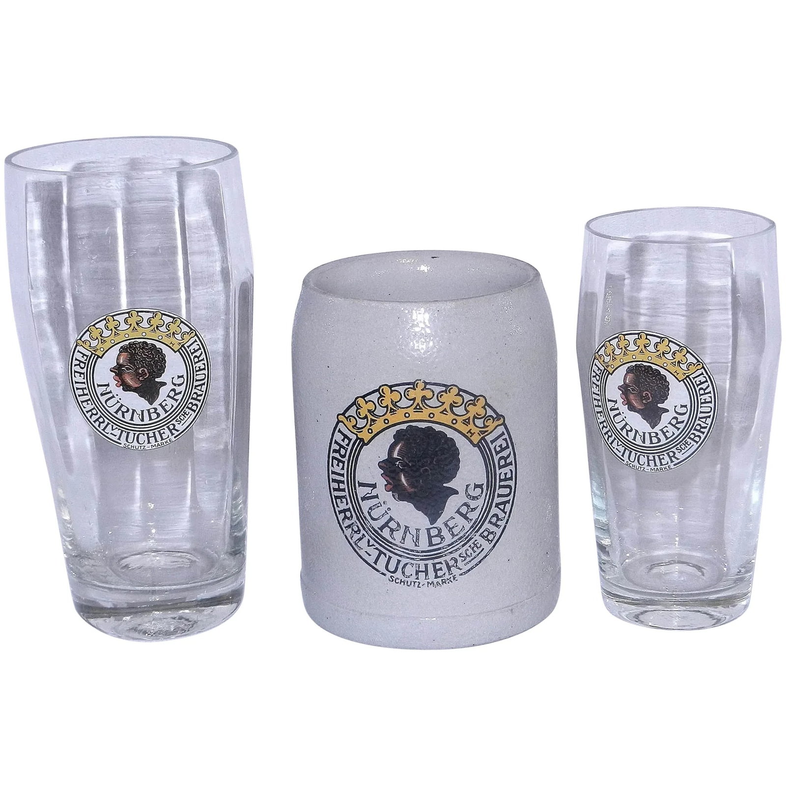 Vintage set of Freiherrlich von Tucher sche Brauerei Beer Glasses and Stoneware Beer Mug: This Vintage set of Freiherrlich von Tucher sche Brauerei Beer Glasses and Stoneware Beer Mug are all in very good to excellent condition. The stoneware mug has some fading of lettering (shown in phot