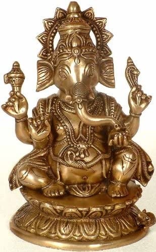 9" Kamalasana Chaturbhuja Ganesha In Brass | Handmade | Made In India (1 of 1)