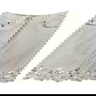 Celine White Denim Mini Skirt, Size 40: Title: Celine White Denim Mini Skirt, Size 40 Description: Product details: The skirt features floral cut offs on the bottom of the skirt, mini length and silver tone hardware. Details: Designer: Celi