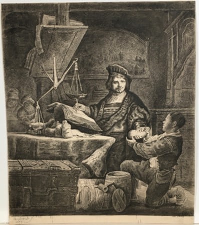 Rembrandt Van Rijn, (Dutch 1606-1669) The Gold Weigher: Original etching, copy by Capt Baillie, trimmed on or past the platemark. . otherwise a strong impression. . Size: 200 X 235 mm. . Reference: H-167, B-281, BB-39 d Reserve: $250.00 Shipping: Domestic: