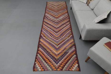 1970s Kilim Oushak Handmade Wool Colorful Runner Rug: Title: 1970s Kilim Oushak Handmade Wool Colorful Runner RugOrigin: TurkeyDate/Period: 1960 - 1970Materials: Wool and CottonSize: Width: 3.3 feet Length: 11.7 feetDescription: This Turkish