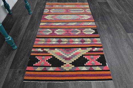 1970s Kilim Oushak Handmade Wool Pink Area Rug: Title: 1970s Kilim Oushak Handmade Wool Pink Area RugOrigin: TurkeyDate/Period: 1960 - 1970Materials: Wool and CottonSize: Width: 2.7 feet Length: 4.9 feetDescription: This Turkish one-of-a-kind