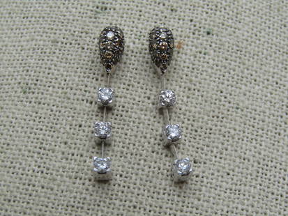 18kt Cognac & White Diamond Stud & Drop Journey Earrings, Pierced, Signed: 18kt Cognnc & White Diamond Stud & Drop Journey Earrings, Pierced, Signed with a star and 1822 AL. These have a domed upside pear shape with 19 cognac round diamonds in sizes that range from 1mm to 1.