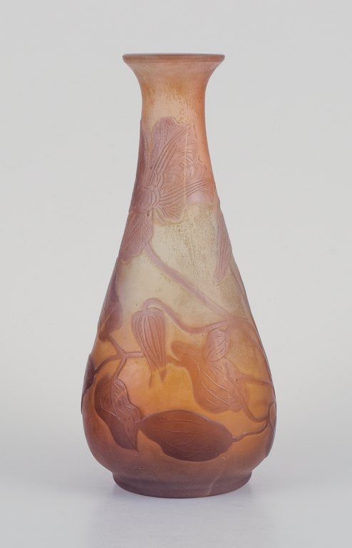 Emile Gallé, art glass vase decorated with flowers in purple. (1 of 7)