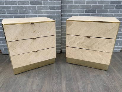 Hollywood Regency Ello Furniture Brass and Italian Travertine Chest of Drawers Cabinet - Pair: Vintage from the 1970s Materials: brass, travertine, metal Width: 25 inches Height: 28 inches Depth: 17 inches Description Hollywood Regency Ello Furniture Brass and Italian Travertine Chest of Drawer