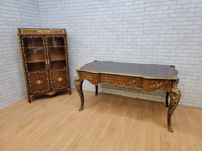 French Provincial Louis XV Style Bureau Plat Desk and Display Cabinet - Set of 2: Vintage from the 1920s Materials: walnut, brass, metal, wood, mahogany Description Vintage French Provincial Louis XV Style Bureau Plat Desk and French Transition Style Display Cabinet - Set of 2 A Lo
