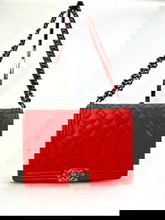 CHANEL Handbag Calfskin Quilted Double Stitch Large Boy Flap Red B509: SKU B509 0622 Pre-Owned 100% Authentic CHANEL Calfskin Quilted Double Stitch Large Boy Flap Red RATING: B...Very Good, well maintained, shows minor signs of wear MATERIAL: lambskin leather HANDLE: rem