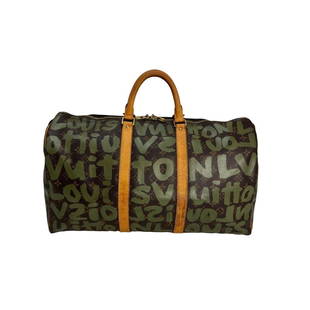 LOUIS VUITTON Keepall 50 Monogram Graffiti Green Duffle Bag: SKU A1076 0723 Pre-Owned 100% Authentic LOUIS VUITTON Keepall 50 Monogram Graffiti Green Duffle Bag RATING: B-... Good, shows some signs of wear, piping has some cracking, few scuff marks