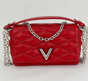 LOUIS VUITTON Handbag Authentic GO-14 MINI Chain Shoulder Bag Red Lambskin A916: SKU A916 0122 Pre-Owned 100% Authentic LOUIS VUITTON Go-14 Mini Malletage Lambskin RATING: B...Very Good, well maintained, shows minor signs of wear MATERIAL: Embossed dyed lambskin STRAP: sliding