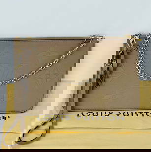 LOUIS VUITTON Pochette Beige Leather Crossbody from NEVERFULL Added Chain: SKU A943 0222 Preowned 100% Authentic Louis Vuitton Pochette Empreinte Leather from a Neverfull W/added chain to use as a Shoulder or Crossbody Bag RATING: A...excellent, near mint, only slight signs
