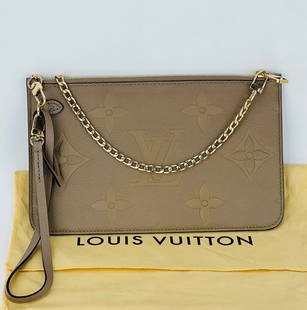 LOUIS VUITTON Pochette Beige Leather Crossbody from NEVERFULL Added Chain: SKU A943 0222 Preowned 100% Authentic Louis Vuitton Pochette Empreinte Leather from a Neverfull W/added chain to use as a Shoulder or Crossbody Bag RATING: A...excellent, near mint, only slight signs