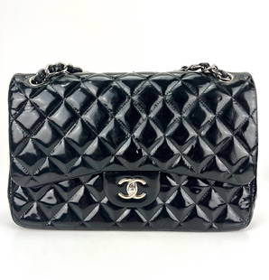 CHANEL Classic Jumbo Double Flap Quilted Black Patent Leather Bag: SKU C142 1222 Pre-Owned 100% Authentic CHANEL Classic Jumbo Quilted Double Flap Black Patent Leather RATING: B...Very Good, well maintained, shows some signs of wear MATERIAL: patent leather STRAP: br