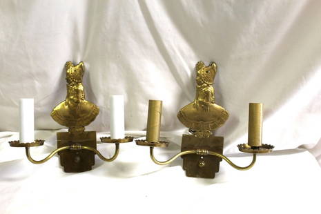 Brass Sconces ,Dutch Girl ,two arm ,Antique: An original pair of solid Brass sconces cast with a hooded Girl with a bonnet on . Has two arms with 3" bobeces European maker ,but no marks anywhere .Has Edison size sockets with plastic socket