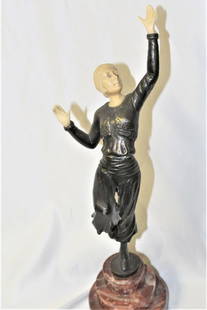 Art deco Figurine Dancer Marble base Spelter signed: A Deco Dancer cast in spelter made in England around 1990. Has Ivorine face and hands . Mounted on real marble base . At 15" ht / Hands come out for shipping . Reserve: $225.00 Shipping: Domestic: Fla