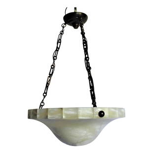 Mid-Century Modern Alabaster Chandelier: Mid-century /Deco looking Alabaster chandelier. Scalloped edge and slight Dome bottom. Supported with 3 chains and an Alabaster Ceiling cap now . Beautiful when lit up. At 22" diameter. This will