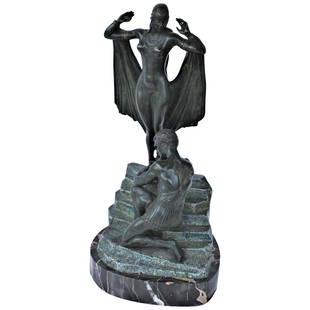 Art Deco Bronze Original Double Figurine Green Patina, French: A double figurine cast bronze of a guy in chains below a nude girl holding him in chains. Title is (the repatriation of LLDA) mixed patina finish on black/gold marble base. Heavy casting, circa 1925.