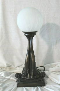 Art Deco Lady lamp imported England: Great looking Art Deco style Lamp . Solid Cold Casting with dark brown finish . Made with 110V wiring for the Us Market . Made possibly around 1998 and in storage . Title was Beach Ball girls in repro