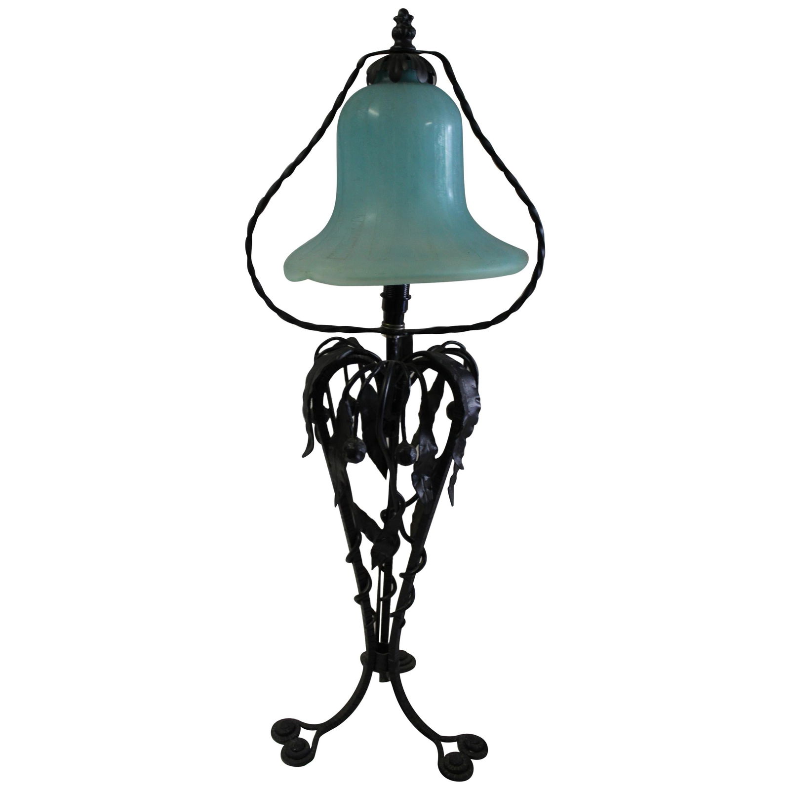 Art Nouveau Table Lamp , Art glass shade Wrought iron: Hand forged wrought iron lamp with a tinted acid cut glass blue shade . modern made from the design of E .Brandt . Looks good when it is all lit up The shade is an Acid etched and looks like Daum ! .