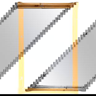 Two-Strand Rectangle Rattan Mirror with Stick Rattan Border: Two-Strand Rectangle Rattan Mirror with Stick Rattan Border Large rectangular mirror featuring a single-strand Rattan frame with an inner stick rattan border. Restored to new for you. All rattan, bamb