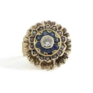 Vintage 1930s Pearl Sapphire Diamond Crimped Halo Ring 10K Yellow Gold, 4.12 Gr: Vintage 1930s Pearl Sapphire Diamond Crimped Halo Ring 10K Yellow Gold, 4.12 Gr Make a statement with this gorgeous vintage ring! Please let us know if you have any questions. Circa: 1930's,