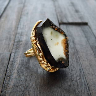 Aleksander Gliwinski Rare White and Black Amber 14K Gold Plated Adjustable Ring: Title: Aleksander Gliwinski Rare White and Black Amber 14K Gold Plated Adjustable Ring Additional Information: Make a statement with this Aleksander Gliwinski ring, handmade to perfection with a rare