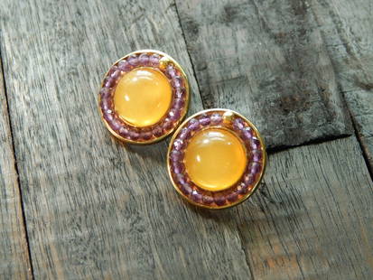 14K Gold Plated Natural Baltic Butterscotch Amber and Purple Amethyst Earrings: Title: 14K Gold Plated Natural Baltic Butterscotch Amber and Purple Amethyst Earrings Additional Information: These exquisite natural Baltic butterscotch amber and amethyst earrings are classic in sty