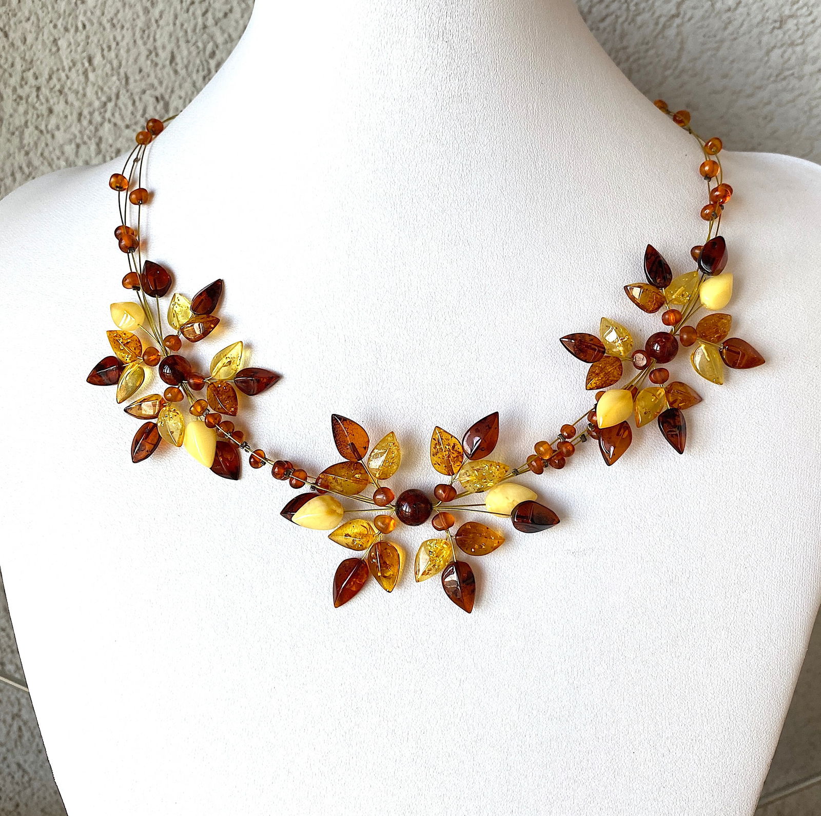 Outstanding Vintage Amber Floral Necklace made from leaf like bead ornaments (1 of 8)