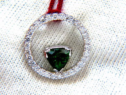 1.55ct Natural Tsavorite diamonds circle pendant 14kt+: Circular Halo Deco 1.05ct. Natural Green Tsavorite Garnet Pendant. Trilliant cut Brilliant 5.4mm Clean Clarity & Transparent Prime green lively color. .50ct. natural round diamonds G color Vs-2 clarit