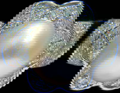 7.5mm JAPANESE CULTURED PEARL .75CT DIAMOND RING 14kt+: 7.5mm Japanese Cultured Pearl & .75ct, diamonds ring Pearl is of gorgeous white luster Diamonds: G-color, vs-2 clarity 14kt. yellow gold amazing mounting 8.9 grams 14kt. yellow gold ring is 12.4mm wid