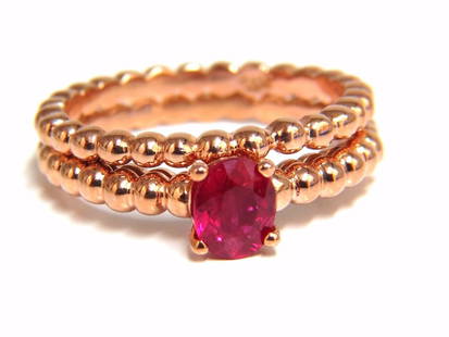 .82ct natural vivid bright ruby solitaire ring & band 14kt+: Band & Ring Classic .82ct Natural Oval Vivid Red Ruby. Clean Clarity, Transparent. 6 X 4.9mm 14kt. rose gold Illusion of fused ball bead Total: 5.3 Grams. (2) Rings Size: 7.25 & can be resized, please