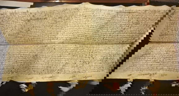 1656 English Vellum Indenture Seals Signatures: Fine English indenture from the reign of James II on vellum regarding property in the county of York in the parish of Stanby between several parties. Nicely penned in English with five seal tags and o