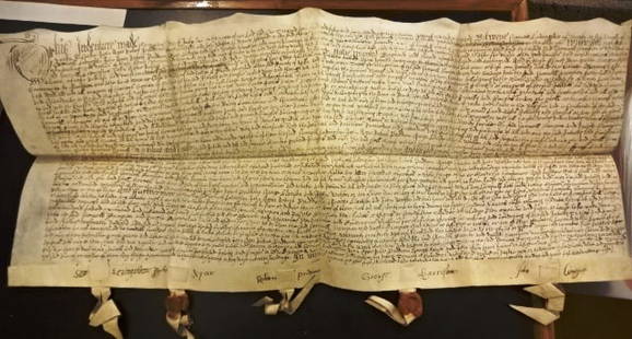 1656 English Vellum Indenture Seals Signatures: Fine English indenture from the reign of James II on vellum regarding property in the county of York in the parish of Stanby between several parties. Nicely penned in English with five seal tags and o