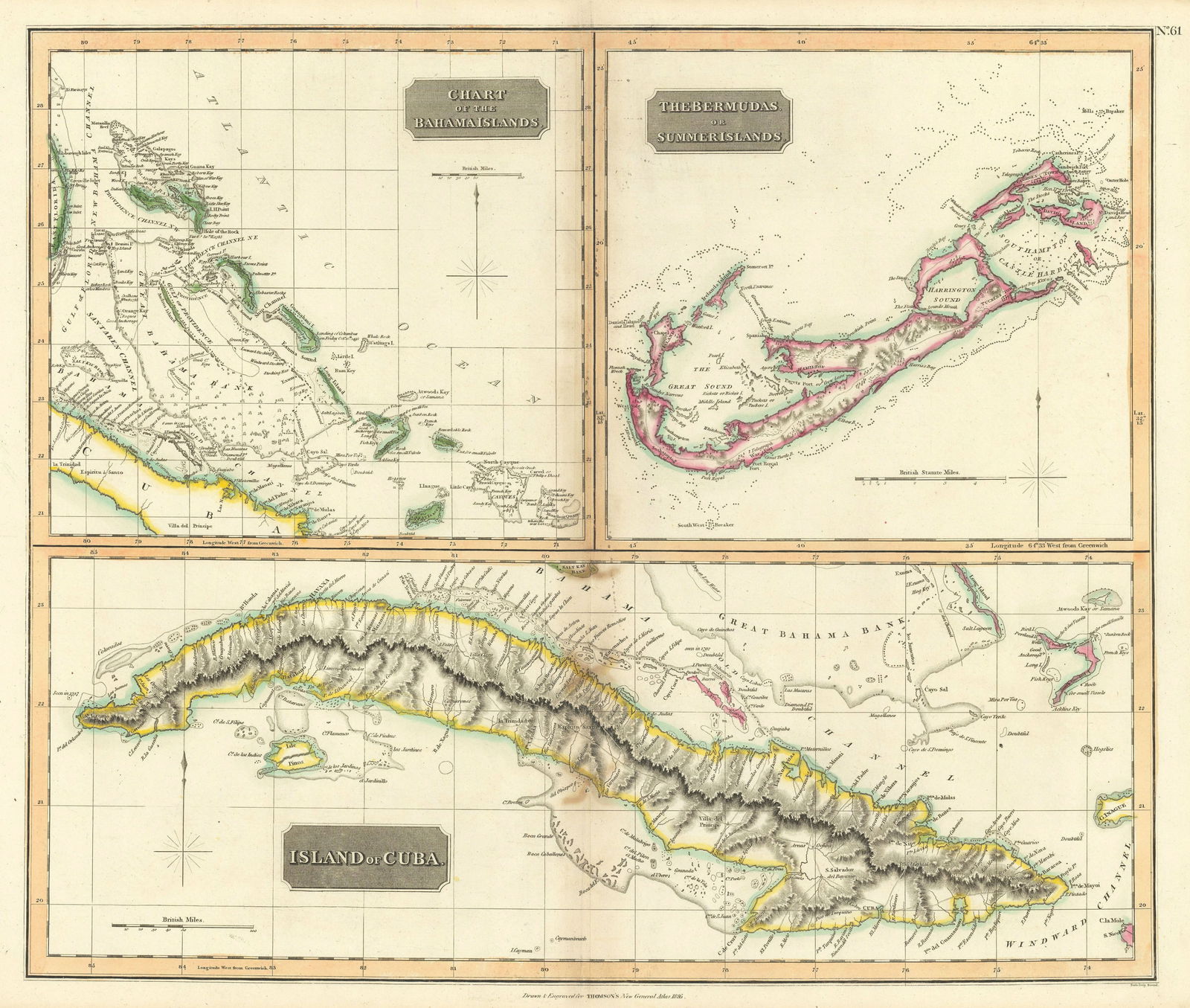Cuba, the Bahamas & Bermuda "or Summer Islands". THOMSON 1817 old antique map: Chart of the Bahama Islands. The Bermudas or Summer Islands. Island of Cuba' by Drawn & engraved by Samuel John Neele for John Thomson's "New General Atlas" (Published in 1817. Engraved in 1816; this